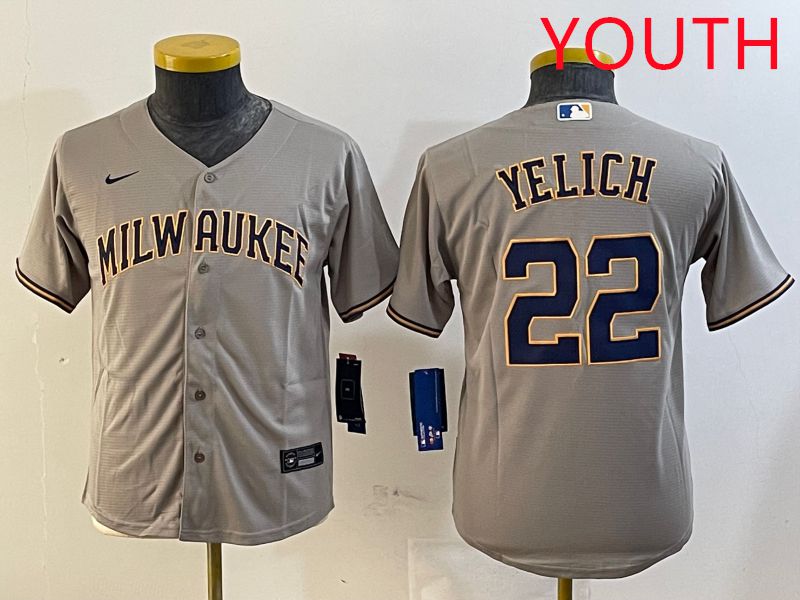 Youth Milwaukee Brewers #22 Yelich Grey Game 2025 Nike MLB Jersey style 1->youth mlb jersey->Youth Jersey